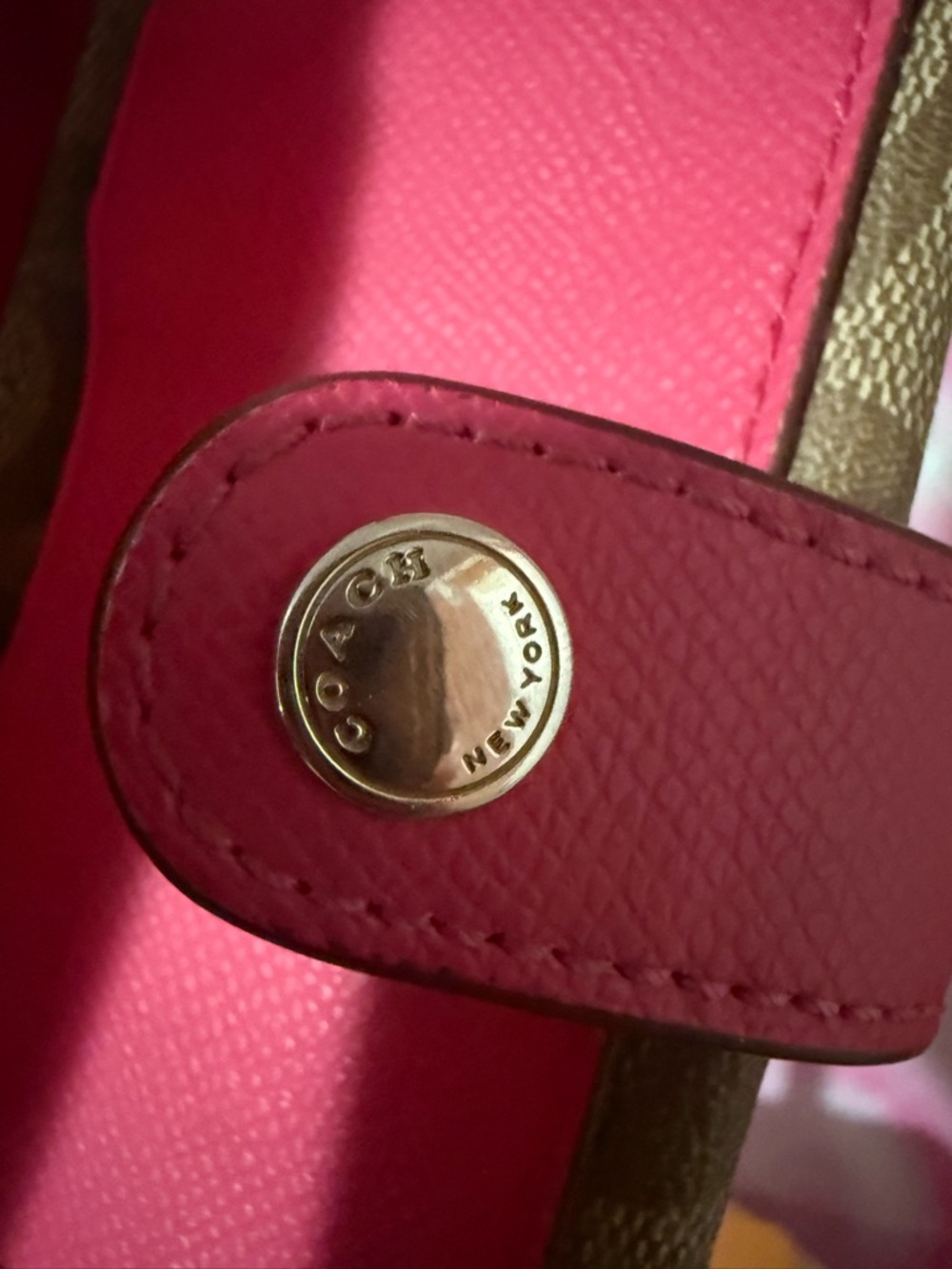 Coach Brown Signature Canvas Wristlet with Pink Snap Tab - Picture 5 of 9